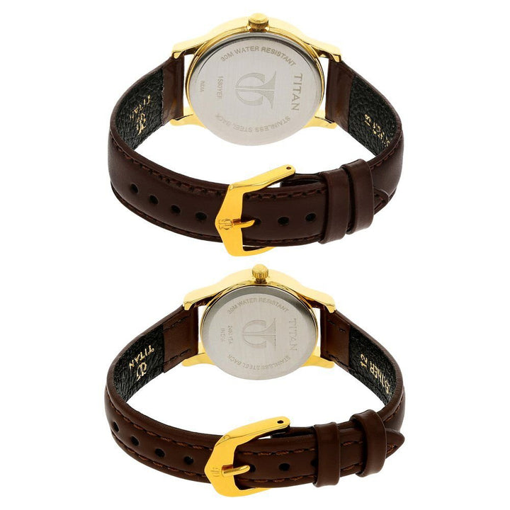 Titan Quartz Analog with Day and Date Champagne Dial Leather Strap Watch for Couple - The Watch Factory ®