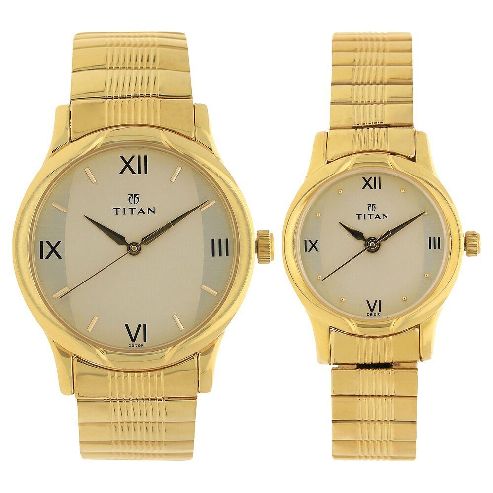Titan Quartz Analog Champagne Dial Metal Strap Watch for Couple - The Watch Factory ®