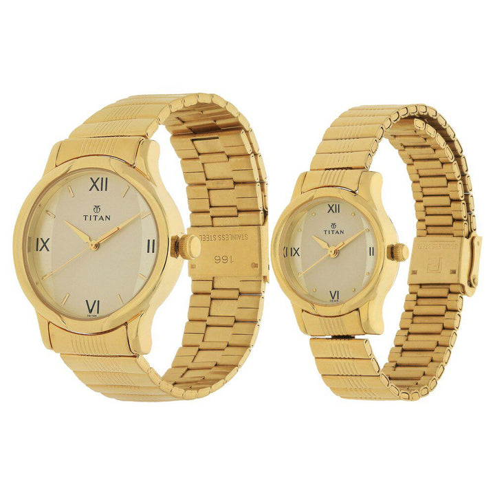 Titan Quartz Analog Champagne Dial Metal Strap Watch for Couple - The Watch Factory ®