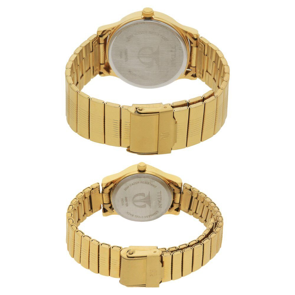 Titan Quartz Analog Champagne Dial Metal Strap Watch for Couple - The Watch Factory ®