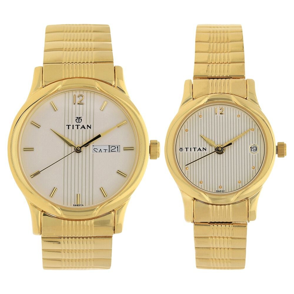 Titan Quartz Analog with Day and Date White Dial Metal Strap Watch for Couple - The Watch Factory ®