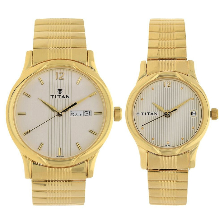 Titan Quartz Analog with Day and Date White Dial Metal Strap Watch for Couple - The Watch Factory ®