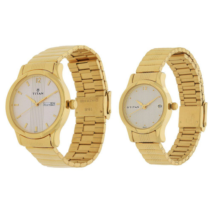 Titan Quartz Analog with Day and Date White Dial Metal Strap Watch for Couple - The Watch Factory ®