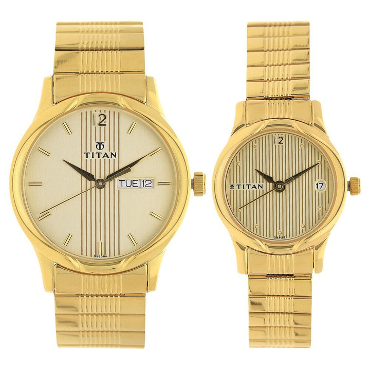 Titan Bandhan Champagne Dial Analog with Day and Date Stainless Steel Strap watch for Couple - The Watch Factory ®