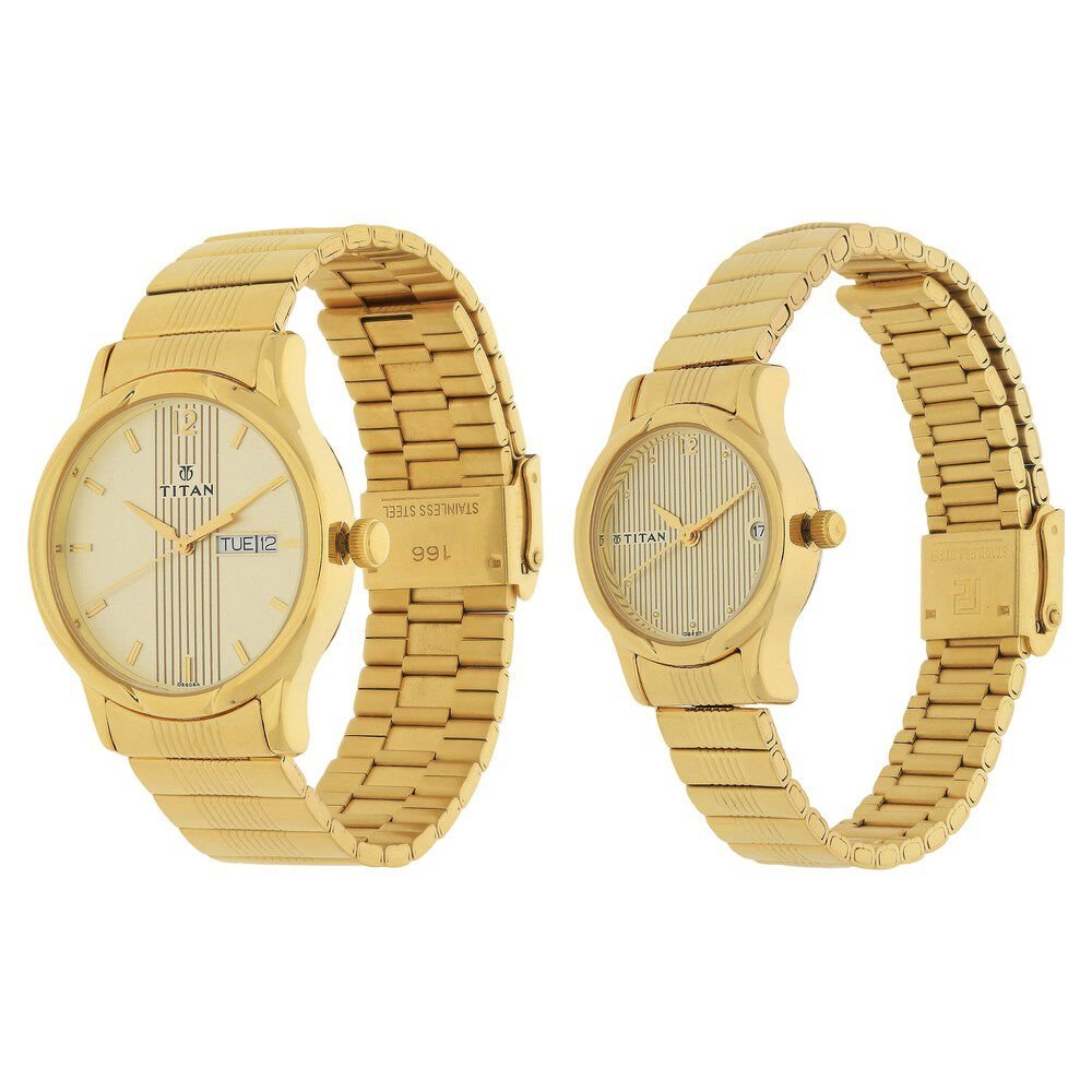 Titan Bandhan Champagne Dial Analog with Day and Date Stainless Steel Strap watch for Couple - The Watch Factory ®