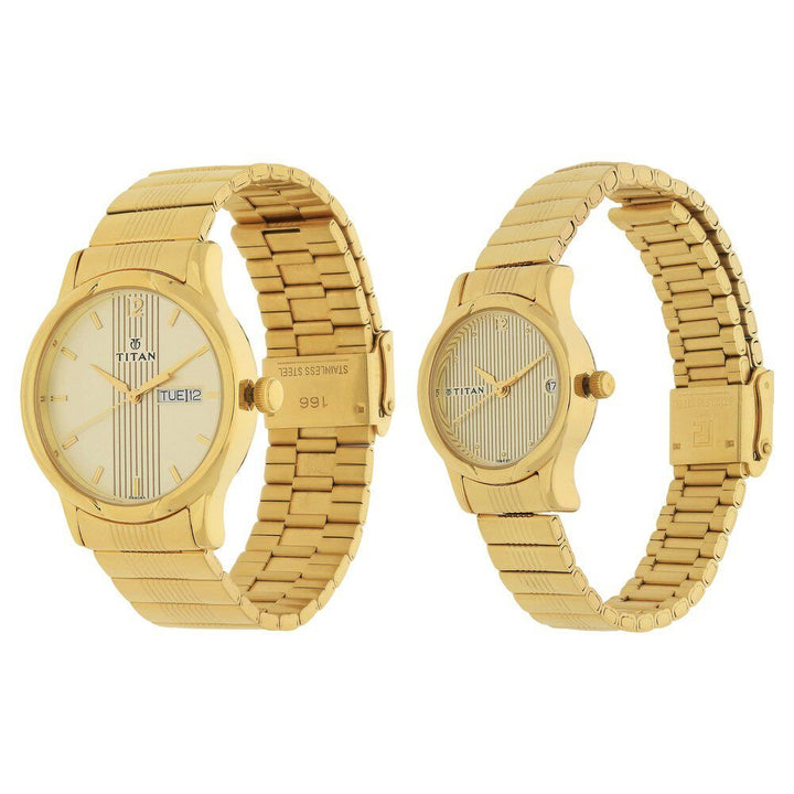 Titan Bandhan Champagne Dial Analog with Day and Date Stainless Steel Strap watch for Couple - The Watch Factory ®