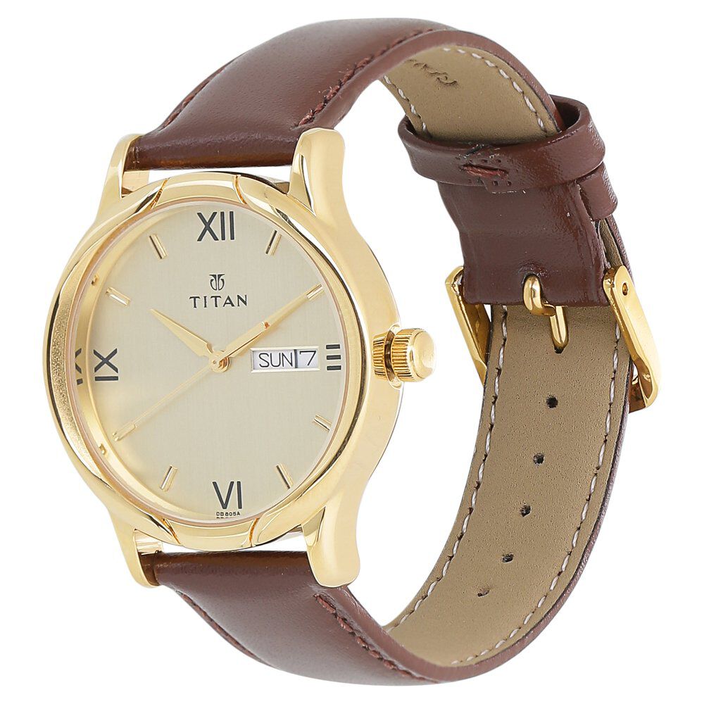 Titan Champagne Dial Analog with Day and Date Leather Strap watch for Men NS1580YL05