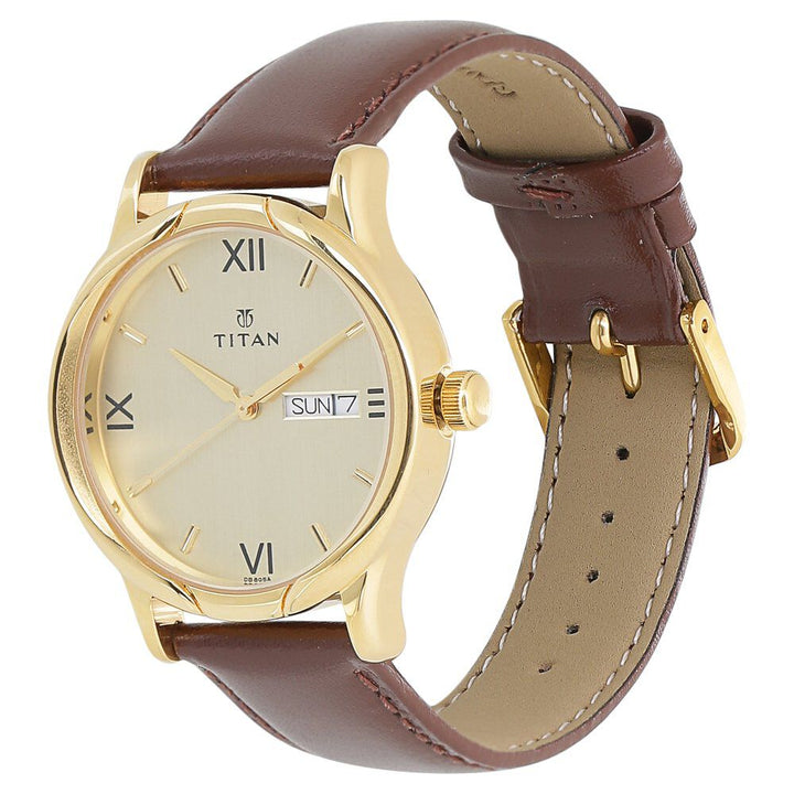 Titan Champagne Dial Analog with Day and Date Leather Strap watch for Men NS1580YL05