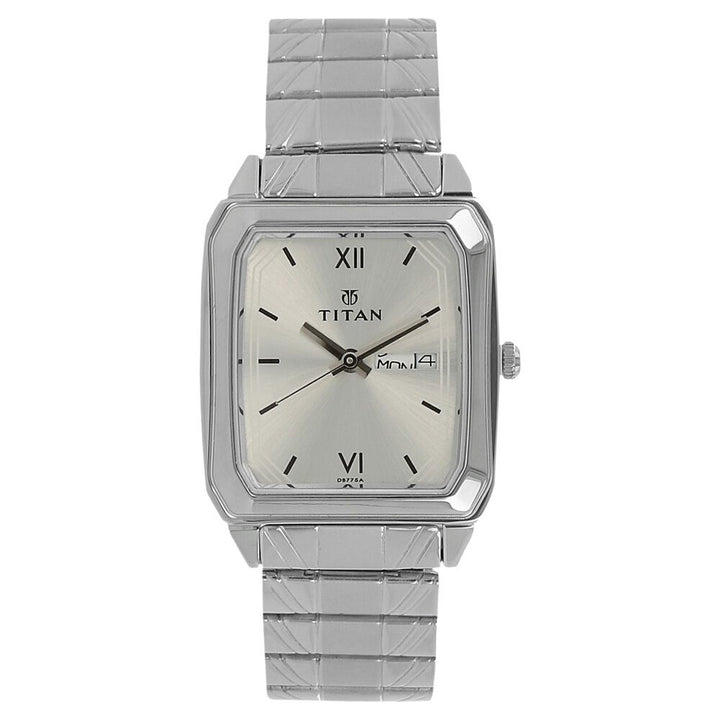 Titan Quartz Analog with Day and Date Silver Dial Stainless Steel Strap Watch for Men NL1581SM03
