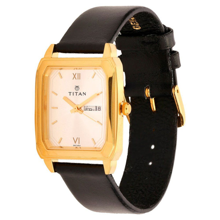 Titan Rectangle Silver Dial Analog with Day and Date Leather Strap Watch for Men-NE1581YL04