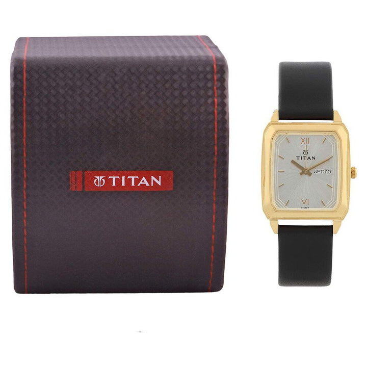 Titan Rectangle Silver Dial Analog with Day and Date Leather Strap Watch for Men-NE1581YL04