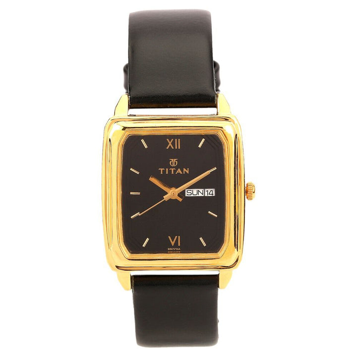 Titan Quartz Analog with Day and Date Black Dial Leather Strap Watch for Men-NE1581YL06