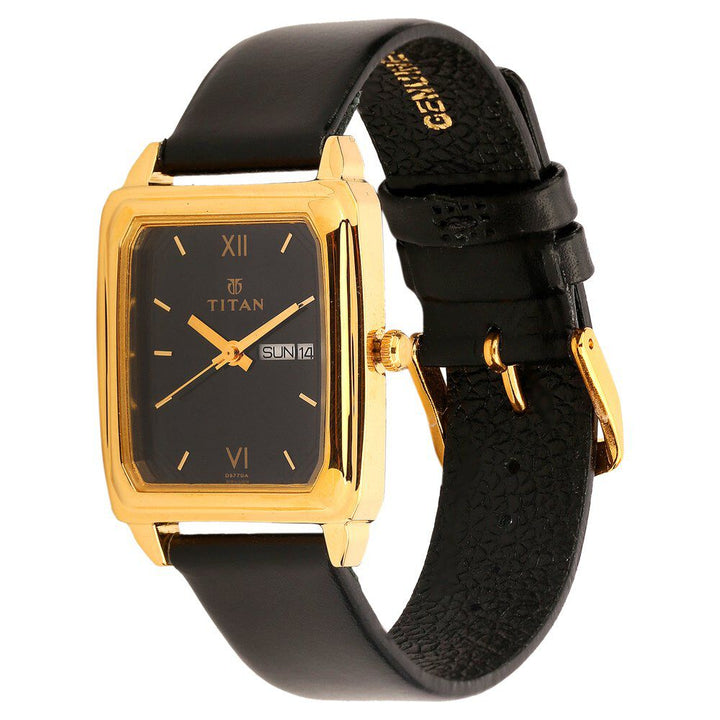 Titan Quartz Analog with Day and Date Black Dial Leather Strap Watch for Men-NE1581YL06