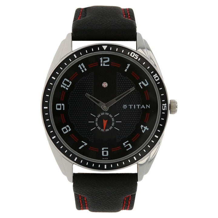 Titan Quartz Analog with Date Black Dial Leather Strap Watch for Men-NS1582KL02