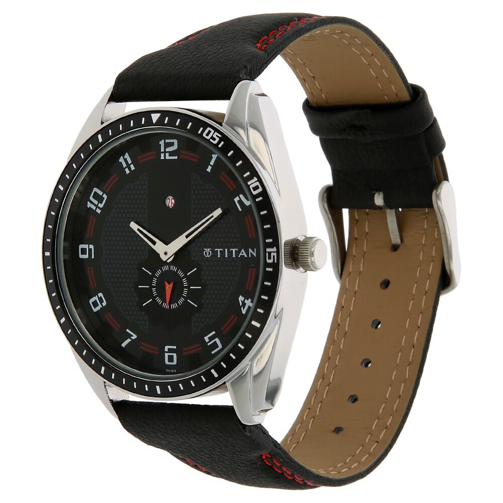 Titan Quartz Analog with Date Black Dial Leather Strap Watch for Men-NS1582KL02