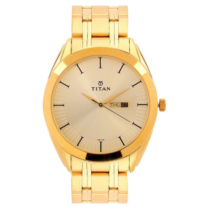 Titan Quartz Analog with Day and Date Champagne Dial Stainless Steel Strap Watch for Men-NH1582YM01