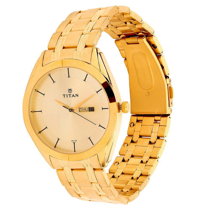 Titan Quartz Analog with Day and Date Champagne Dial Stainless Steel Strap Watch for Men-NH1582YM01