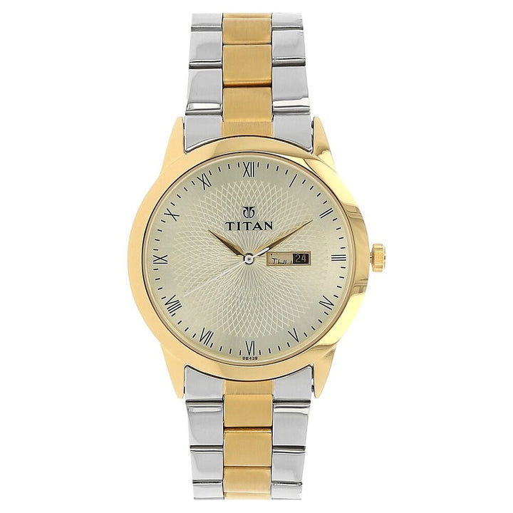 Titan Quartz Analog with Day and Date Champagne Dial Stainless Steel Strap Watch for Men-NK1584BM01