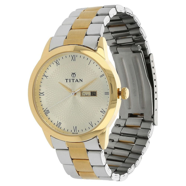 Titan Quartz Analog with Day and Date Champagne Dial Stainless Steel Strap Watch for Men-NK1584BM01