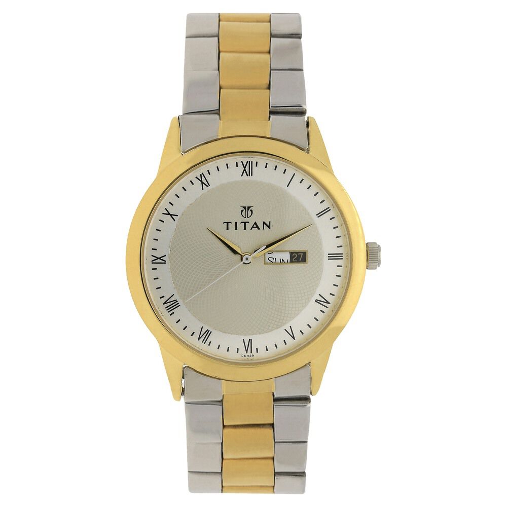 Titan Quartz Analog with Day and Date Champagne Dial Two Toned Stainless Steel Strap Watch For Men - The Watch Factory ®