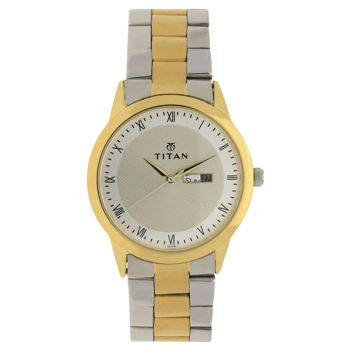 Titan Quartz Analog with Day and Date Champagne Dial Stainless Steel Strap Watch for Men NS1584BM02