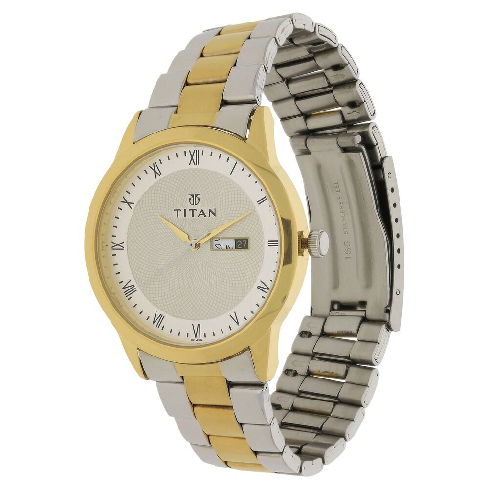 Titan Quartz Analog with Day and Date Champagne Dial Two Toned Stainless Steel Strap Watch For Men - The Watch Factory ®