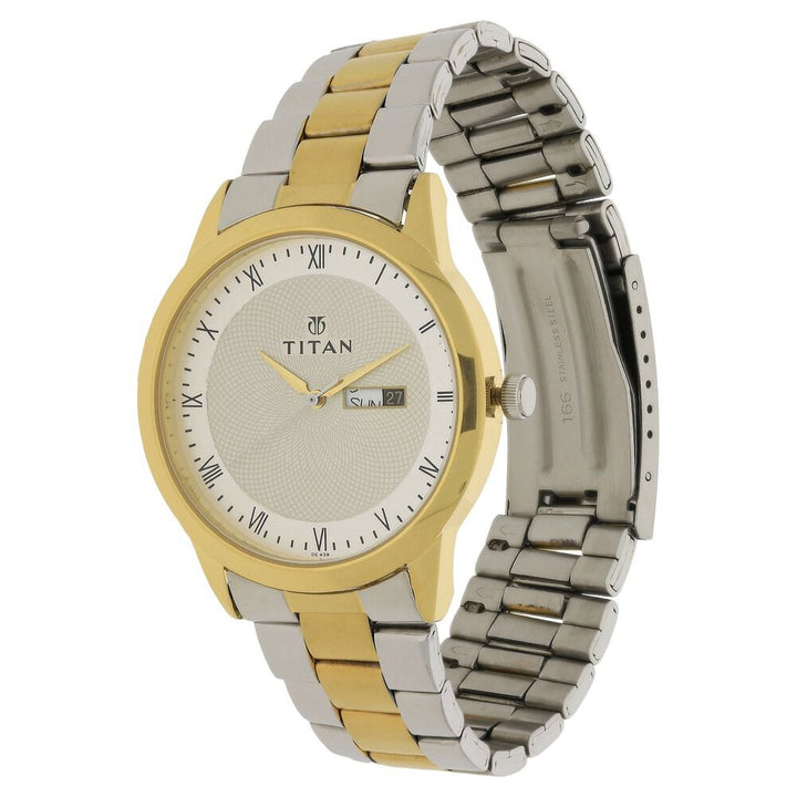 Titan Quartz Analog with Day and Date Champagne Dial Two Toned Stainless Steel Strap Watch For Men - The Watch Factory ®