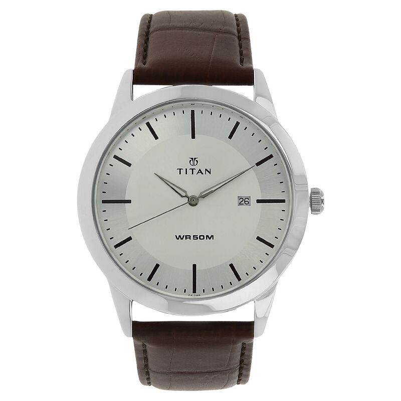 Titan Classic Silver Dial Analog With Date Leather Strap Watch For Men