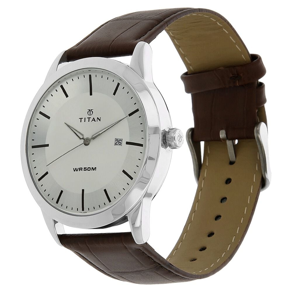 Titan Classic Silver Dial Analog with Date Leather Strap watch for Men - The Watch Factory ®