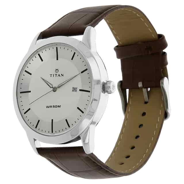 Titan Silver Dial Brown Leather Strap Watch NP1584SL03