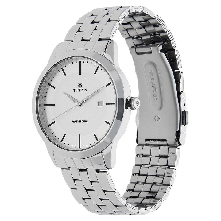 Titan Quartz Analog with Date White Dial Stainless Steel Strap Watch for Men NS1584SM03