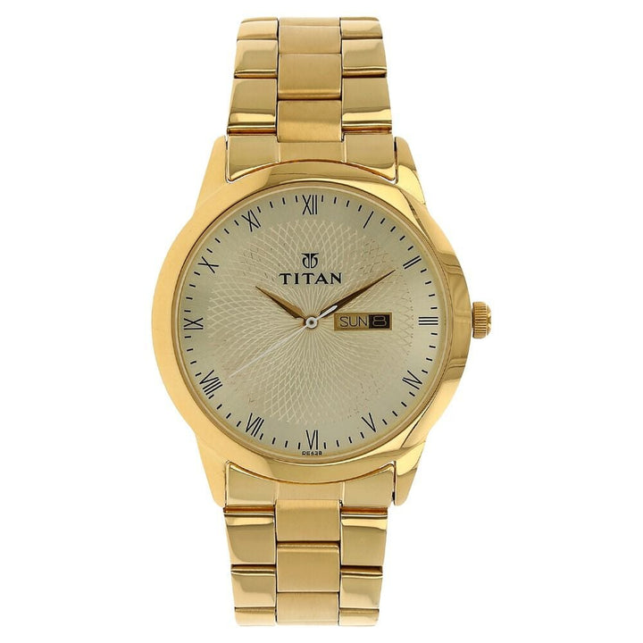 Titan Quartz Analog with Day and Date Champagne Dial Stainless Steel Strap Watch for Men-NK1584YM01