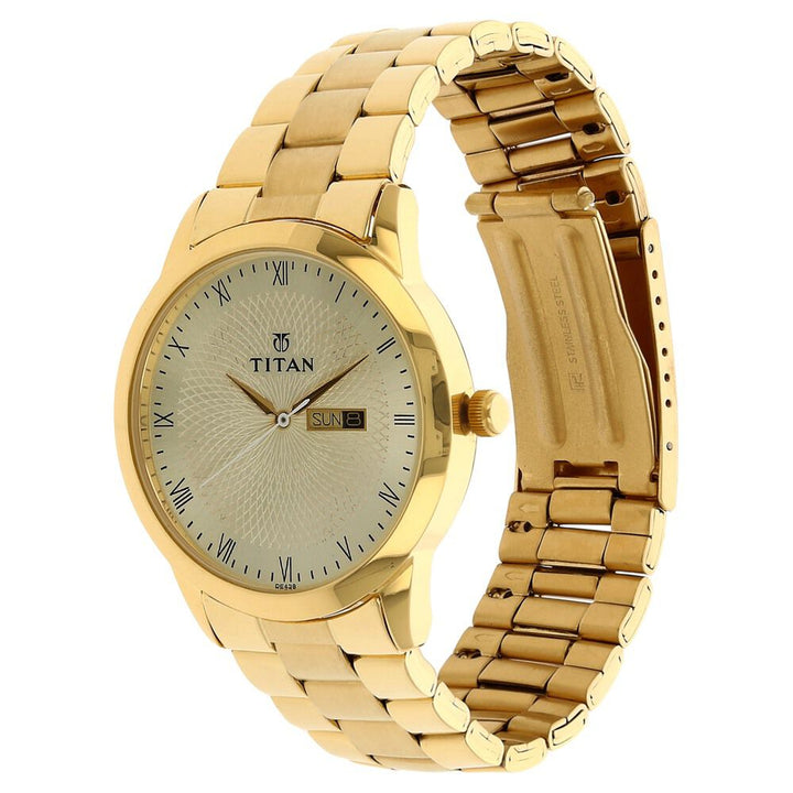 Titan Quartz Analog with Day and Date Champagne Dial Stainless Steel Strap Watch for Men-NK1584YM01