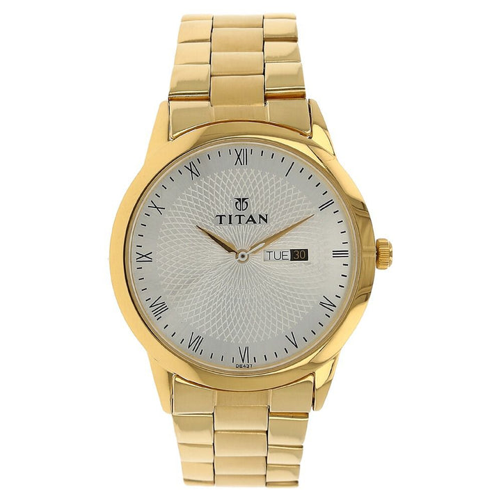 Titan Quartz Analog with Day and Date Silver Dial Stainless Steel Strap Watch for Men NS1584YM02