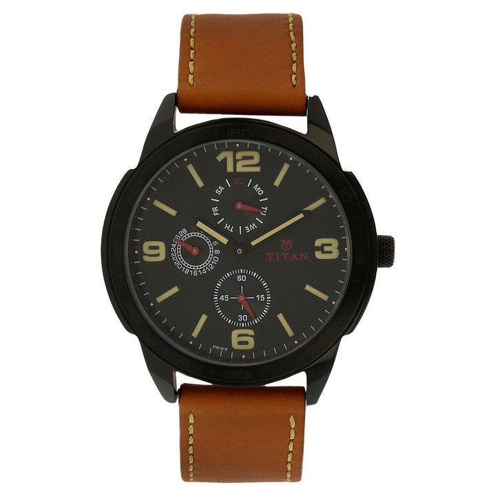 Titan Quartz Multifunction Black Dial Leather Strap Watch for Men NS1585NL01