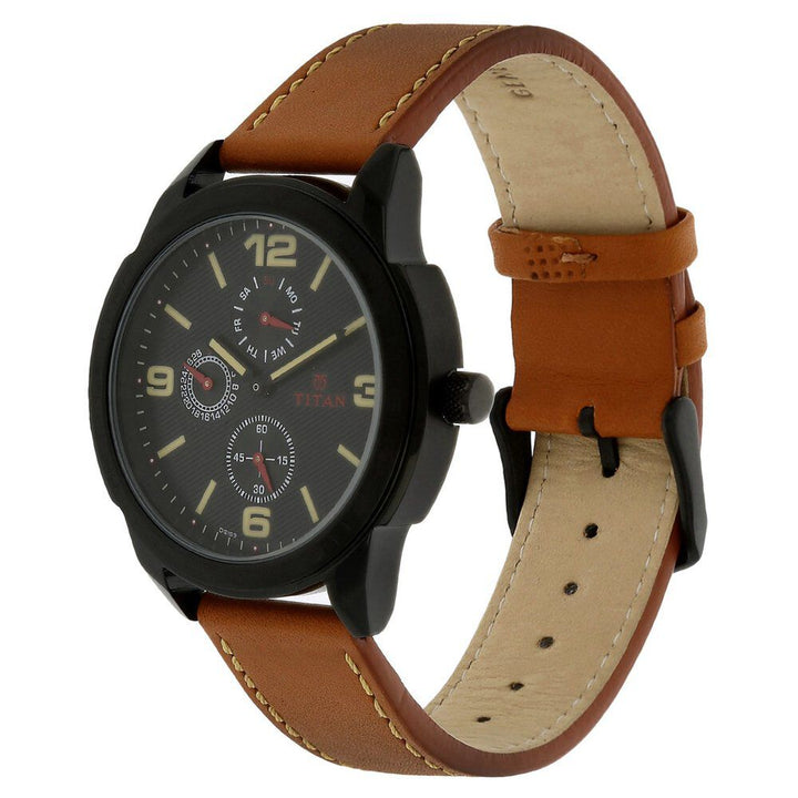 Titan Quartz Multifunction Black Dial Leather Strap Watch for Men NS1585NL01