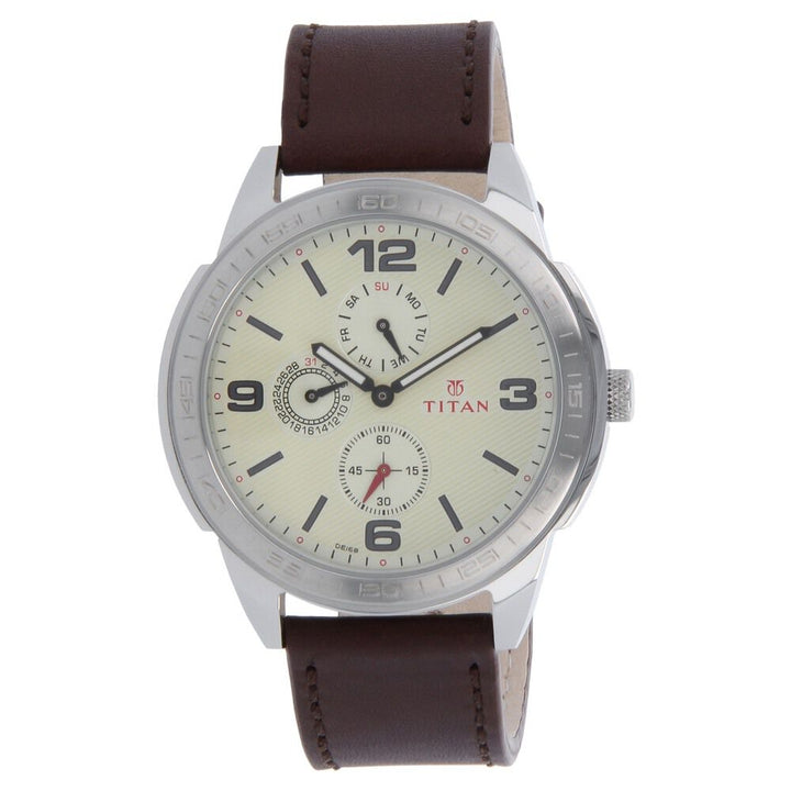 Titan Quartz Multifunction Champagne Dial Leather Strap Watch for Men-NK1585SL05