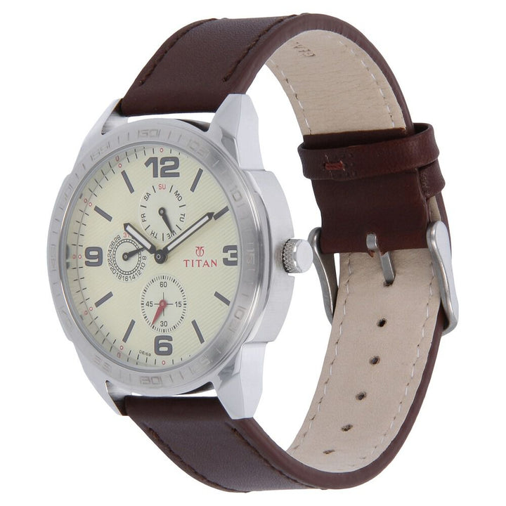 Titan Quartz Multifunction Champagne Dial Leather Strap Watch for Men-NK1585SL05