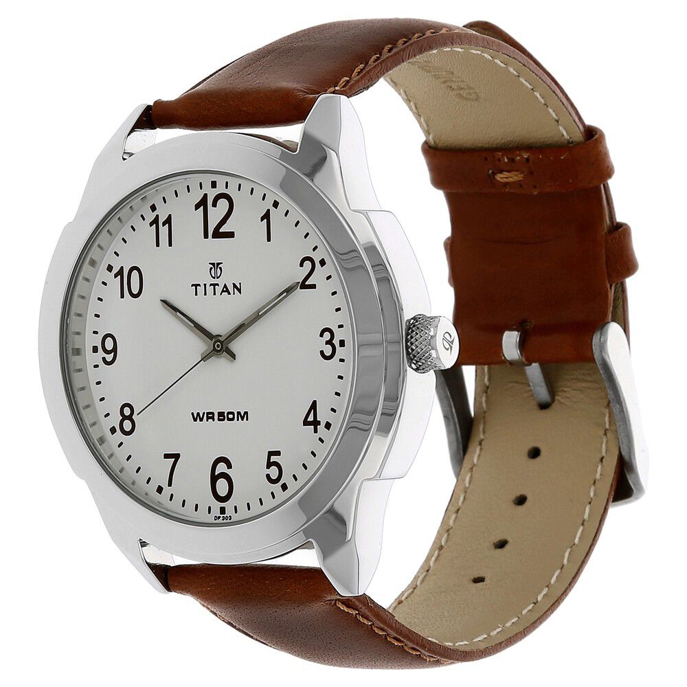 Titan Quartz Analog White Dial Leather Strap Watch for Men NS1585SL07