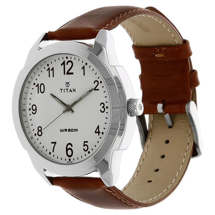 Titan Quartz Analog White Dial Leather Strap Watch for Men NS1585SL07