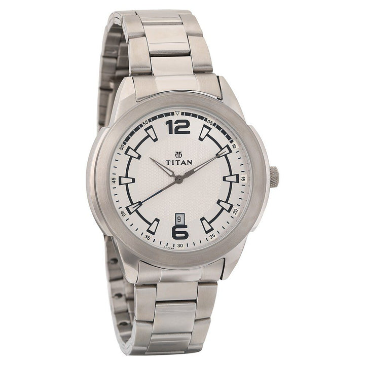 Titan Quartz Analog with Date White Dial Stainless Steel Strap Watch for Men-NN1585SM06