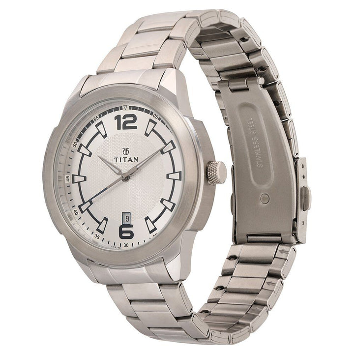 Titan Quartz Analog with Date White Dial Stainless Steel Strap Watch for Men-NN1585SM06
