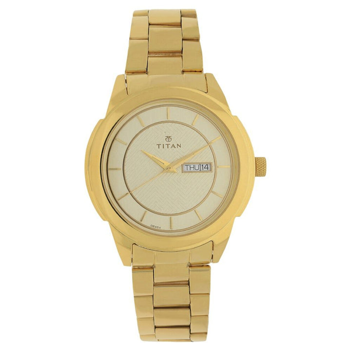 Titan Quartz Analog with Day and Date Champagne Dial Stainless Steel Strap Watch for Men-NJ1585YM01