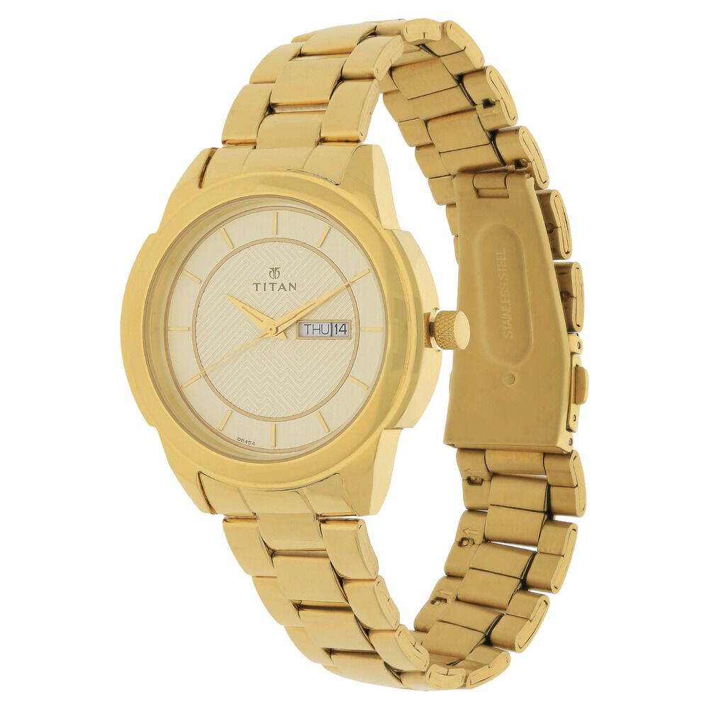 Titan Quartz Analog with Day and Date Champagne Dial Stainless Steel Strap Watch for Men-NJ1585YM01