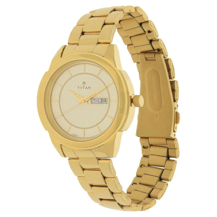 Titan Quartz Analog with Day and Date Champagne Dial Stainless Steel Strap Watch for Men-NJ1585YM01