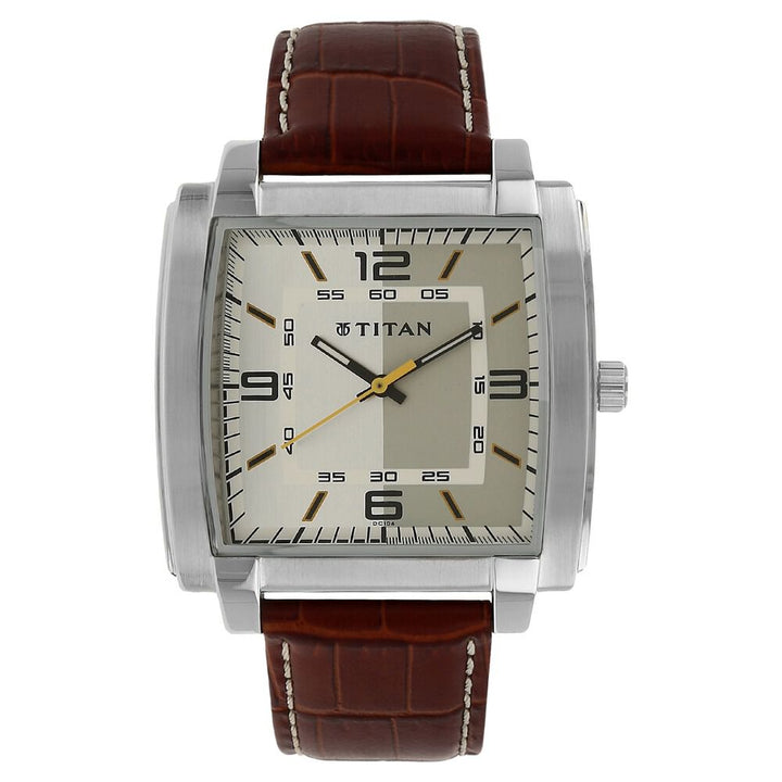 Titan Quartz Analog Silver Dial Leather Strap Watch for Men-NK1586SL01