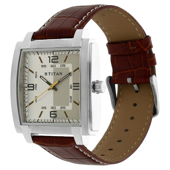 Titan Quartz Analog Silver Dial Leather Strap Watch for Men-NK1586SL01