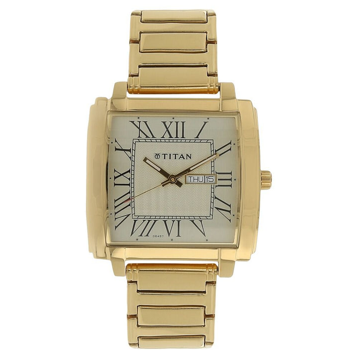 Titan Quartz Analog with Day and Date Champagne Dial Stainless Steel Strap Watch for Men-NF1586YM03
