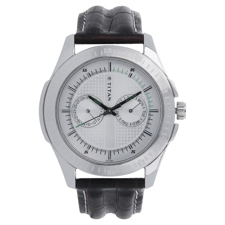 Titan Quartz Analog with Day and Date Silver Dial Leather Strap Watch for Men-NJ1587SL03