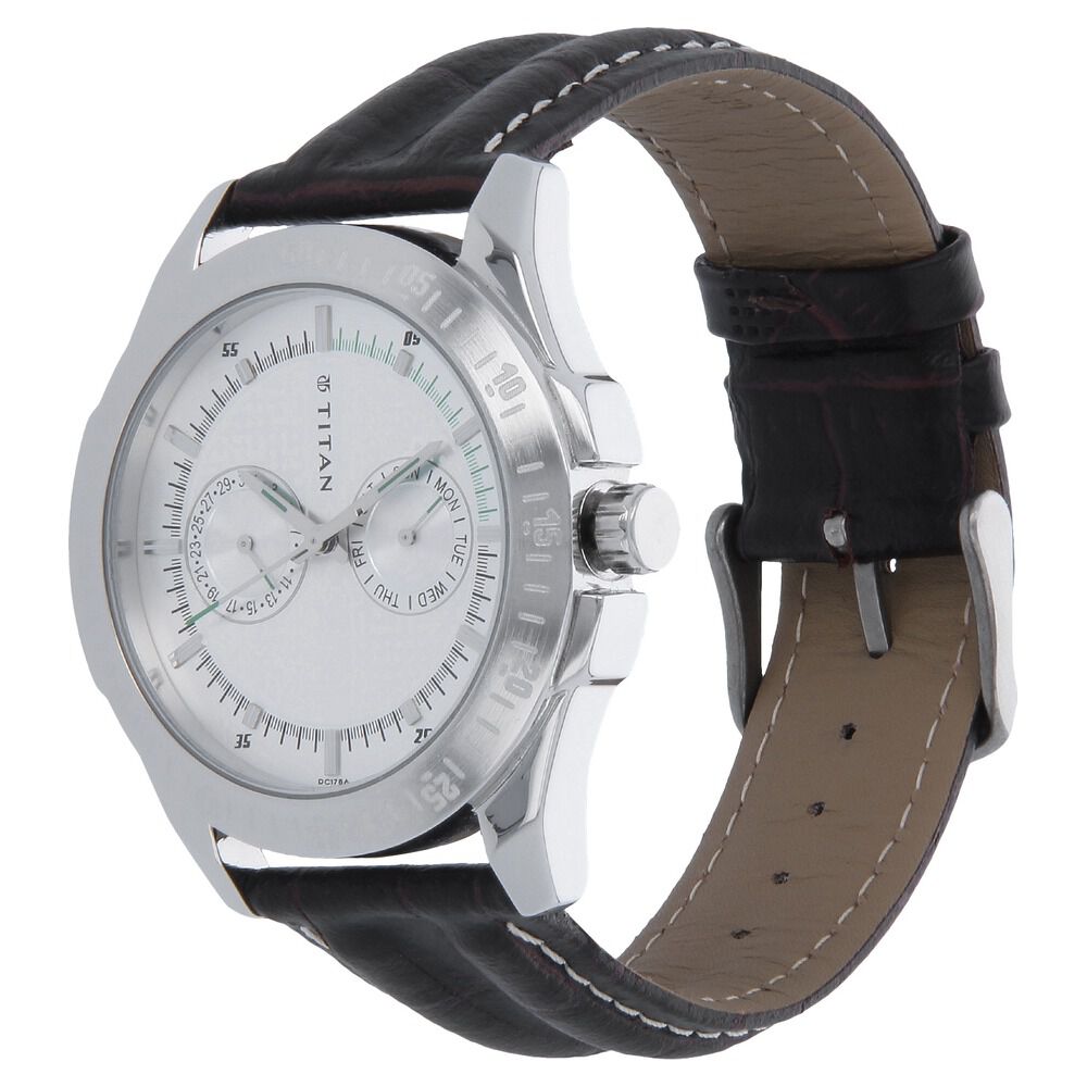 Titan Quartz Analog with Day and Date Silver Dial Leather Strap Watch for Men-NJ1587SL03